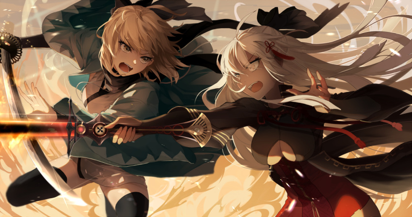 2girls action ahoge bangs black_bow black_legwear black_scarf bow breasts center_opening dark_skin fate/grand_order fate_(series) fighting hair_between_eyes hair_bow haori high_collar holding holding_sword holding_weapon japanese_clothes katana kimono koha-ace koruta_(nekoimo) large_breasts long_hair multiple_girls obi okita_souji_(fate) okita_souji_alter_(fate) open_mouth red_skirt sash scarf short_kimono skirt sword sword_fight tassel thigh-highs very_long_hair weapon white_hair white_kimono yellow_eyes zettai_ryouiki