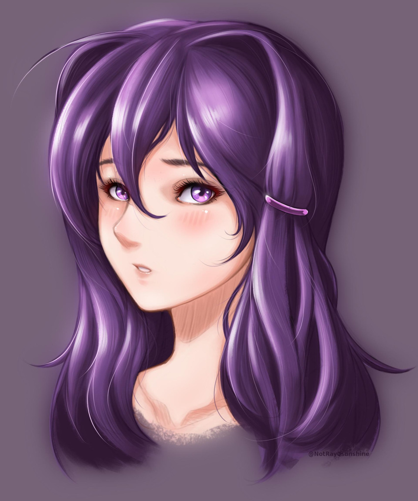 1girl ahoge blush doki_doki_literature_club face hair_between_eyes hair_ornament hairclip highres long_hair looking_at_viewer parted_lips purple_background purple_hair ray0sunshine simple_background solo twitter_username violet_eyes yuri_(doki_doki_literature_club)