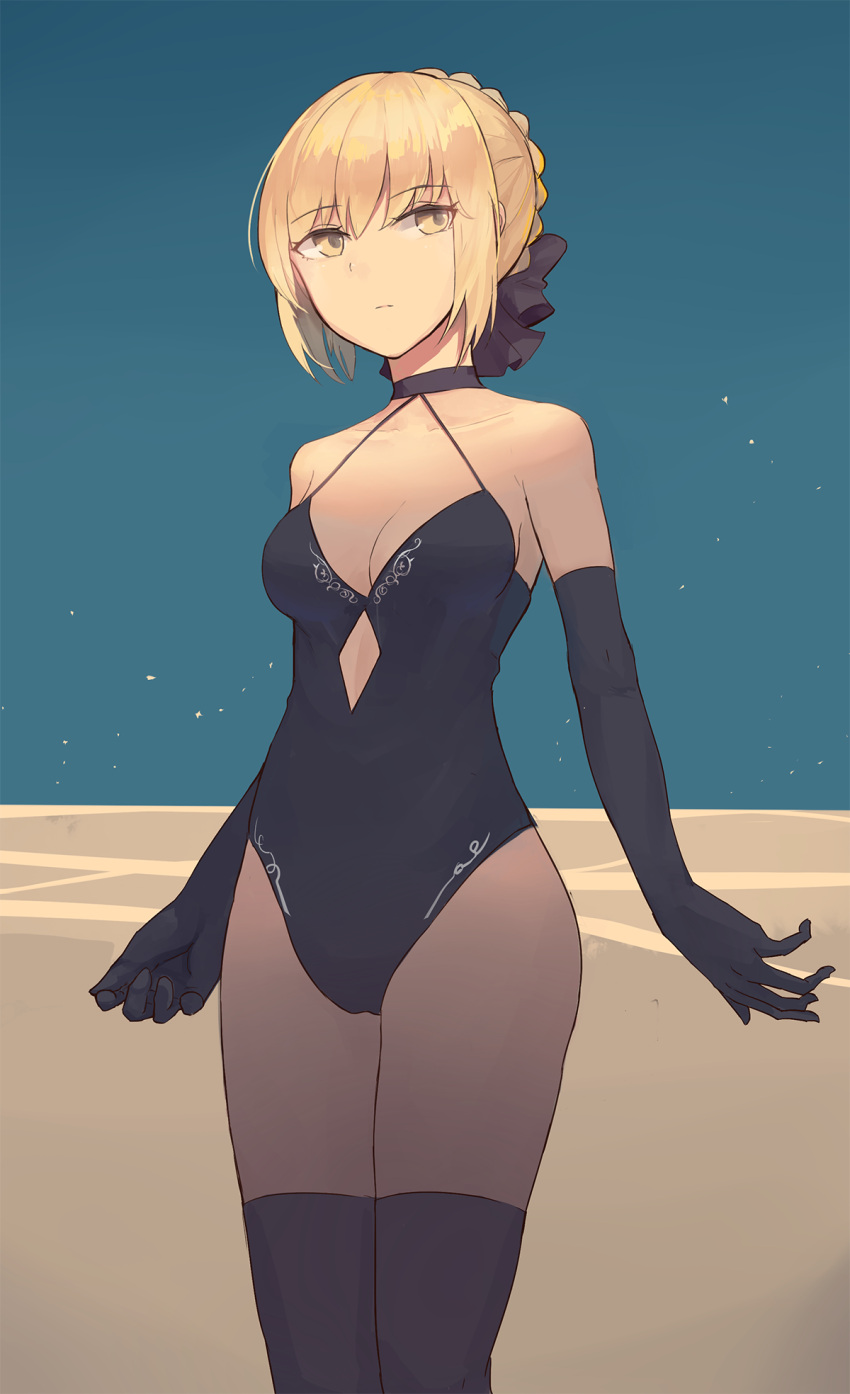 1girl adapted_costume artoria_pendragon_(all) bangs black_bow black_gloves black_legwear black_leotard blonde_hair blunt_bangs bow breasts choker cleavage collarbone cowboy_shot elbow_gloves eyebrows_visible_through_hair fate/stay_night fate_(series) gloves hair_between_eyes hair_bow highres leotard looking_to_the_side medium_breasts mongarit saber_alter short_hair sidelocks solo standing thigh-highs yellow_eyes