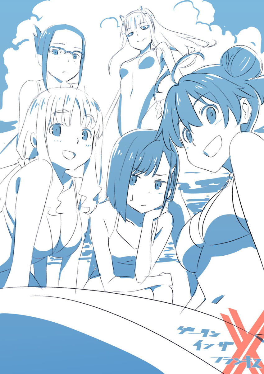 5girls :d ahoge bikini blue breast_envy breasts chin_rest clouds cloudy_sky commentary_request competition_swimsuit copyright_name covered_navel darling_in_the_franxx double_bun eyebrows_visible_through_hair glasses hair_ornament hairband hairclip highres horns ichigo_(darling_in_the_franxx) ikuno_(darling_in_the_franxx) kokoro_(darling_in_the_franxx) large_breasts long_hair low_twintails medium_breasts miku_(darling_in_the_franxx) monochrome multiple_girls navel one-piece_swimsuit open_mouth outdoors over-rim_eyewear pink_x semi-rimless_eyewear short_hair sitting sky smile standing sweatdrop swimsuit twintails zero_two_(darling_in_the_franxx)