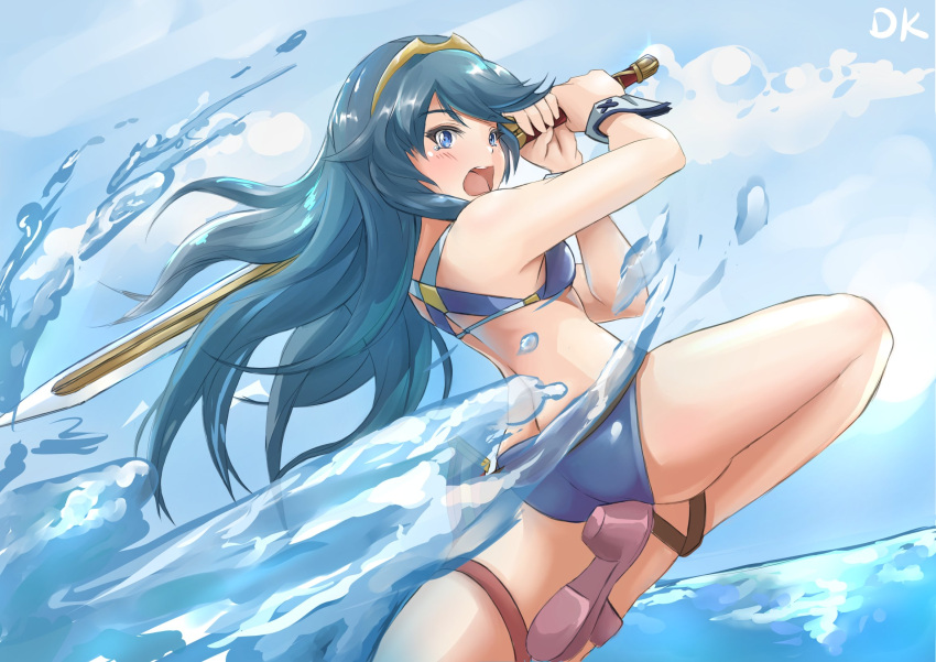 1girl alternate_costume ass bikini blue_bikini blue_eyes blue_hair blue_sky blush bracelet braclet brown_footwear clouds commentary deekei falchion_(fire_emblem) fire_emblem fire_emblem:_kakusei fire_emblem_heroes heel_raised highres holding holding_sword holding_weapon jewelry leg_strap long_hair lucina ocean open_mouth sheath sky splashing swimsuit sword thigh_strap tiara water weapon