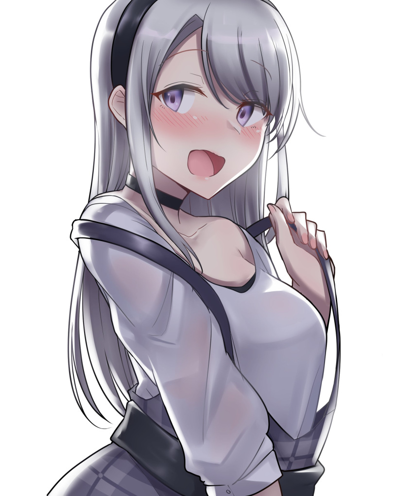 1girl absurdres asymmetrical_bangs bangs black_choker black_dress black_hairband blush choker dress grey_hair hairband highres kantai_collection kiritto long_hair looking_at_viewer open_mouth sagiri_(kantai_collection) shirt silver_hair simple_background smile solo suspenders swept_bangs upper_body violet_eyes white_background white_shirt