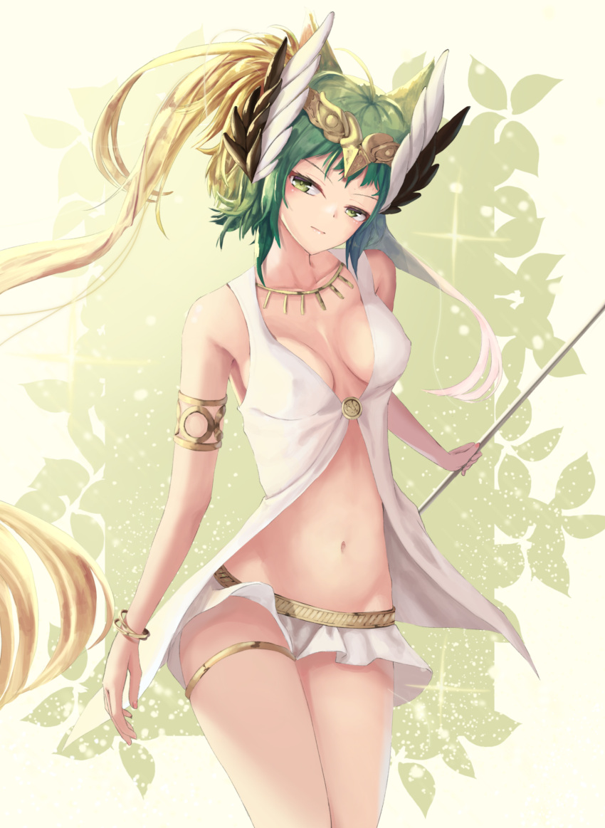 1girl absurdres armlet atalanta_(fate) blonde_hair bracelet breasts circe_(fate/grand_order) circe_(fate/grand_order)_(cosplay) cleavage collarbone cosplay cowboy_shot erect_nipples fate/apocrypha fate_(series) floating_hair green_eyes green_hair hair_ornament head_tilt highres holding jewelry long_hair medium_breasts microskirt midriff multicolored_hair navel necklace nekobell skirt solo standing stomach thighlet two-tone_hair very_long_hair white_skirt