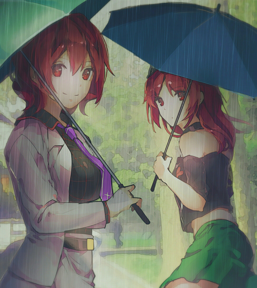 2girls absurdres black_shirt clothes_writing commentary_request hecatia_lapislazuli highres holding holding_umbrella horikawa_raiko jacket long_sleeves multiple_girls necktie off-shoulder_shirt outdoors plaid plaid_shirt purple_neckwear rain red_eyes redhead shirt shometsu-kei_no_teruru skirt touhou umbrella wet white_jacket white_skirt