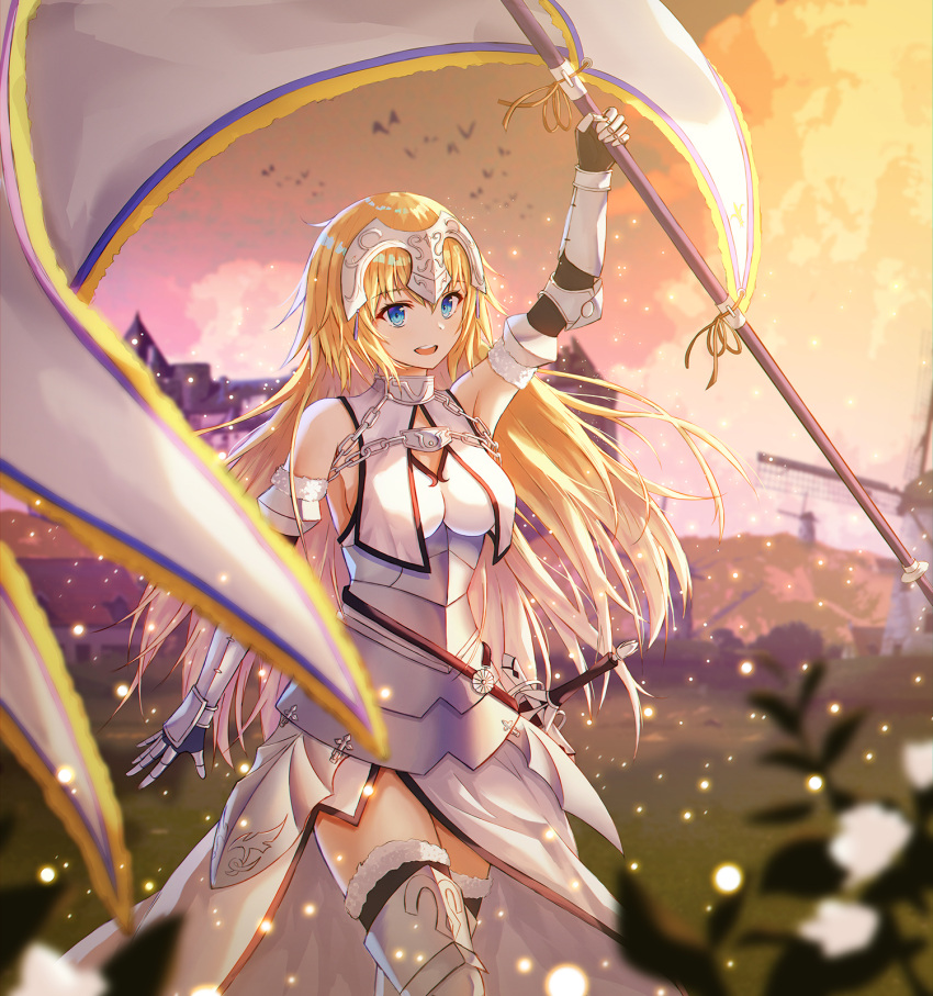 1girl :d arm_up armor armored_boots armored_dress banner black_gloves black_legwear blonde_hair blue_eyes boots breasts day dress elbow_gloves eyebrows_visible_through_hair fate/apocrypha fate_(series) floating_hair fur_trim gloves highres holding holding_weapon jeanne_d'arc_(fate) jeanne_d'arc_(fate)_(all) lkeris long_hair medium_breasts open_mouth outdoors sheath sheathed sideboob sleeveless sleeveless_dress smile solo standing sword thigh-highs thigh_boots very_long_hair weapon white_dress