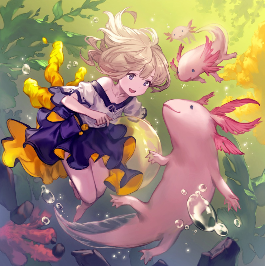 1girl :d air_bubble animal axolotl bare_legs barefoot blonde_hair bubble commentary_request coral floating_hair highres lee_hyeseung open_mouth original oversized_animal purple_skirt seaweed shirt short_sleeves skirt smile solo swimming underwater violet_eyes white_shirt