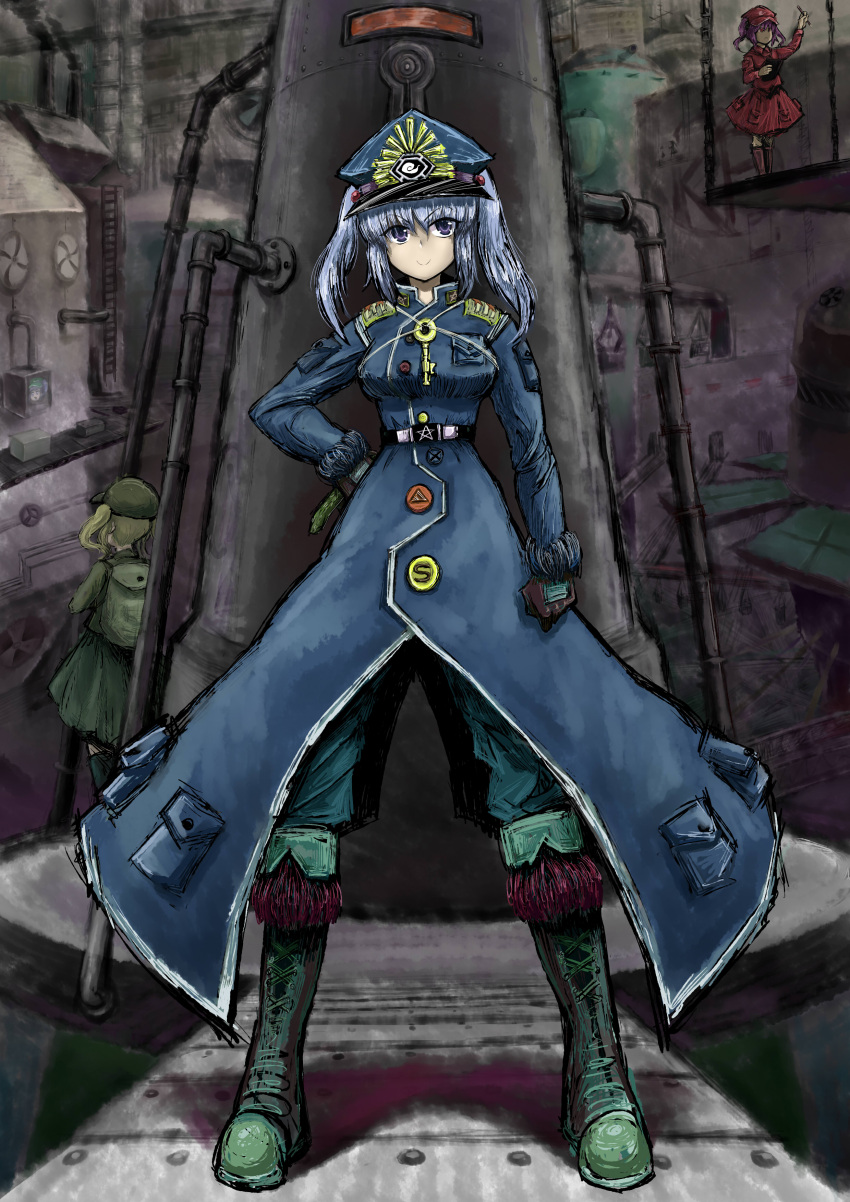 2b-ge absurdres alternate_costume blue_eyes blue_hair commentary_request highres kawashiro_nitori looking_at_viewer military_jacket short_hair touhou