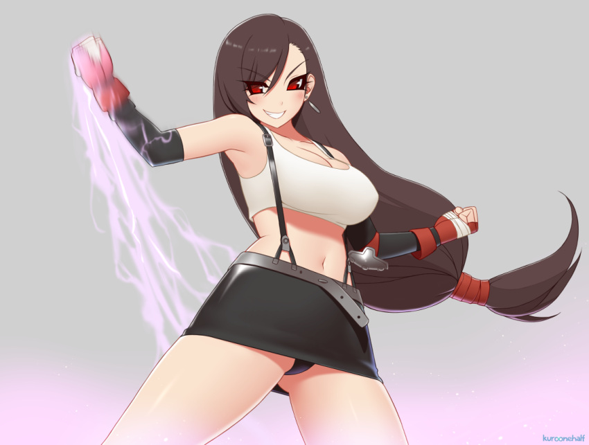 1girl bare_shoulders belt black_hair black_panties breasts brown_hair clenched_hands commentary crop_top detached_sleeves earrings elbow_gloves elbow_pads electricity eyebrows_visible_through_hair eyes_visible_through_hair final_fantasy final_fantasy_vii fingerless_gloves gloves grey_background grin jewelry kuroonehalf large_breasts long_hair low-tied_long_hair midriff motion_blur navel panties pantyshot red_eyes red_gloves simple_background smile solo suspenders tifa_lockhart underwear uppercut very_long_hair