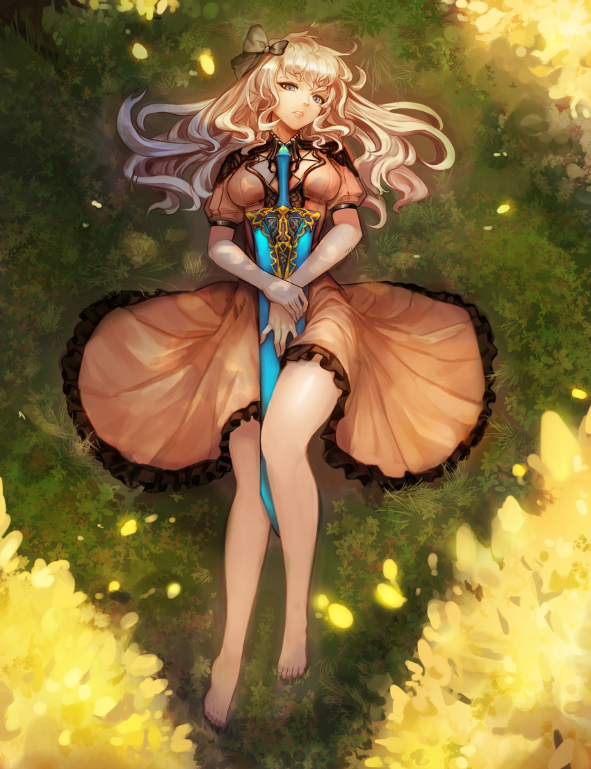 1girl absurdres blonde_hair blue_eyes breasts dress elf grass highres kibellin long_hair looking_at_viewer lying on_back original outdoors pointy_ears ribbon smile solo sword weapon