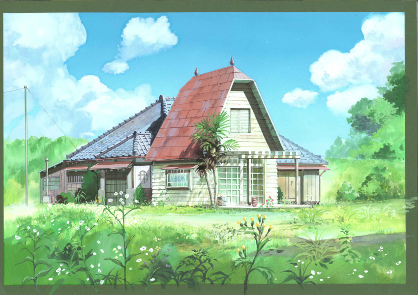 absurdres anchoku_0621 blue_sky calligraphy_brush_(medium) clouds cloudy_sky commentary_request flower grass highres house no_humans palm_tree power_lines sky telephone_pole tonari_no_totoro tree