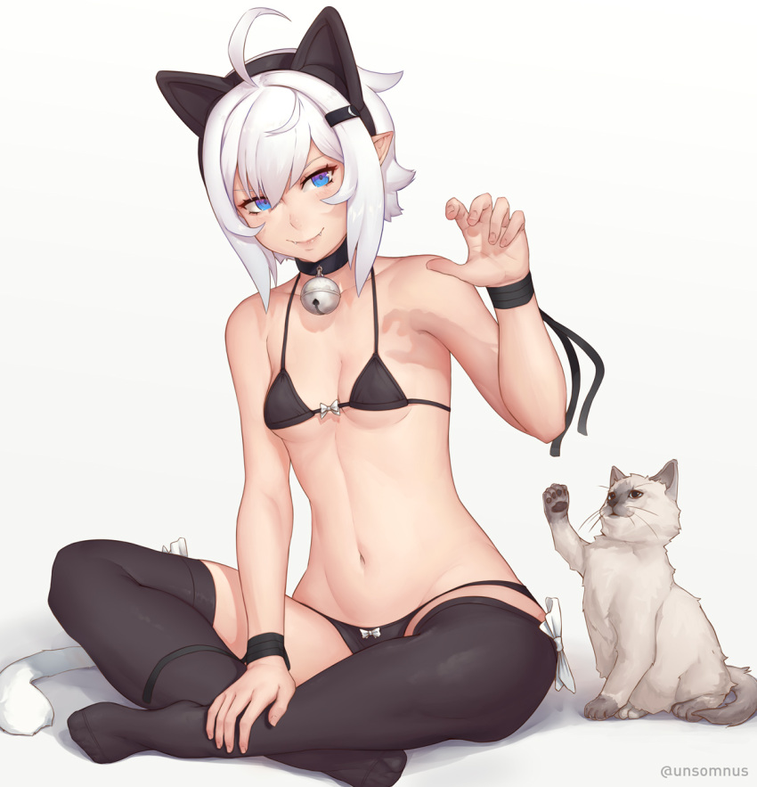 1girl ahoge animal_ears bell bell_choker bikini black_bikini black_legwear blue_eyes breasts cat cat_ears cat_tail choker claw_pose cleavage fake_animal_ears fangs_out full_body gradient gradient_background hair_ornament hairband hairclip highres indian_style jingle_bell looking_at_viewer navel original pointy_ears short_hair simple_background sitting small_breasts smile solo string_bikini swimsuit tail thigh-highs unsomnus white_hair wristband