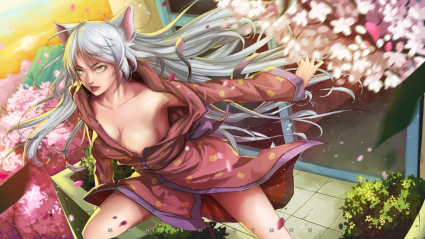 1girl animal_ears animal_print artist_name artist_request black_hanekawa breasts cat_ears cat_print cherry_blossoms commentary hanekawa_tsubasa large_breasts lipstick long_hair makeup monogatari_(series) open_clothes parted_lips red_lipstick silver_hair slit_pupils solo very_long_hair yellow_eyes