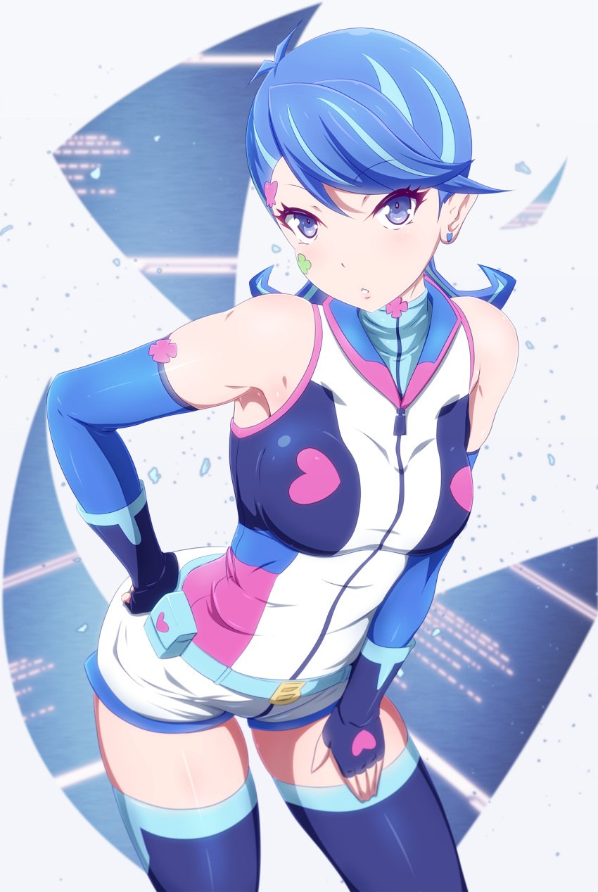 1girl armpits belt blue_eyes blue_girl blue_gloves blue_hair blue_legwear breasts commentary_request danpu earrings elbow_gloves facial_tattoo fingerless_gloves gloves hand_on_hip hand_on_own_thigh heart heart_earrings highres jewelry looking_at_viewer medium_breasts multicolored_hair parted_lips shiny shiny_clothes shiny_hair shiny_skin short_hair shorts sleeveless solo streaked_hair tattoo teeth thigh-highs white_shorts yu-gi-oh! yuu-gi-ou_vrains zaizen_aoi zipper