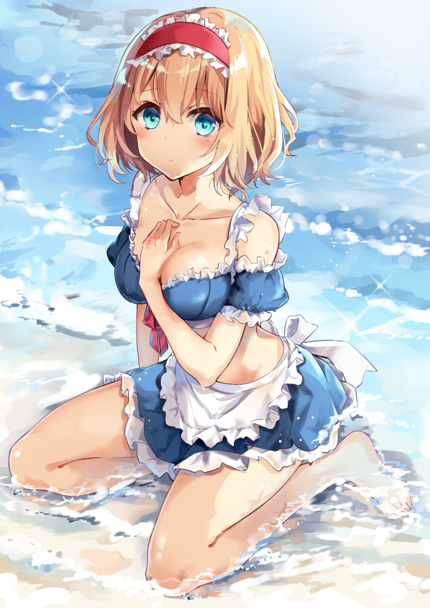 1girl alice_margatroid alternate_costume apron bare_shoulders barefoot blonde_hair blue_eyes blue_skirt blush breasts cleavage collarbone commentary_request crop_top enmaided eyebrows_visible_through_hair frilled_apron frilled_hairband frills full_body hairband hand_on_own_chest highres kisaragi_yuri lolita_hairband looking_at_viewer maid maid_apron medium_breasts midriff miniskirt off-shoulder_shirt off_shoulder petticoat puffy_short_sleeves puffy_sleeves red_hairband red_ribbon ribbon seiza shirt short_hair short_sleeves sitting skirt solo sparkle thighs touhou waist_apron water white_apron