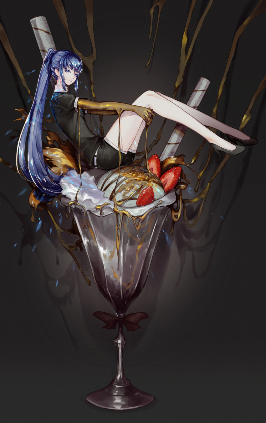 1other bare_legs black_footwear black_shirt black_shorts blue_eyes blue_hair commentary english_commentary food from_side grey_background high_heels highres houseki_no_kuni ice_cream in_food lapis_lazuli_(houseki_no_kuni) long_hair looking_at_viewer looking_to_the_side minigirl ponytail saimon_ma shirt short_shorts short_sleeves shorts sitting solo very_long_hair
