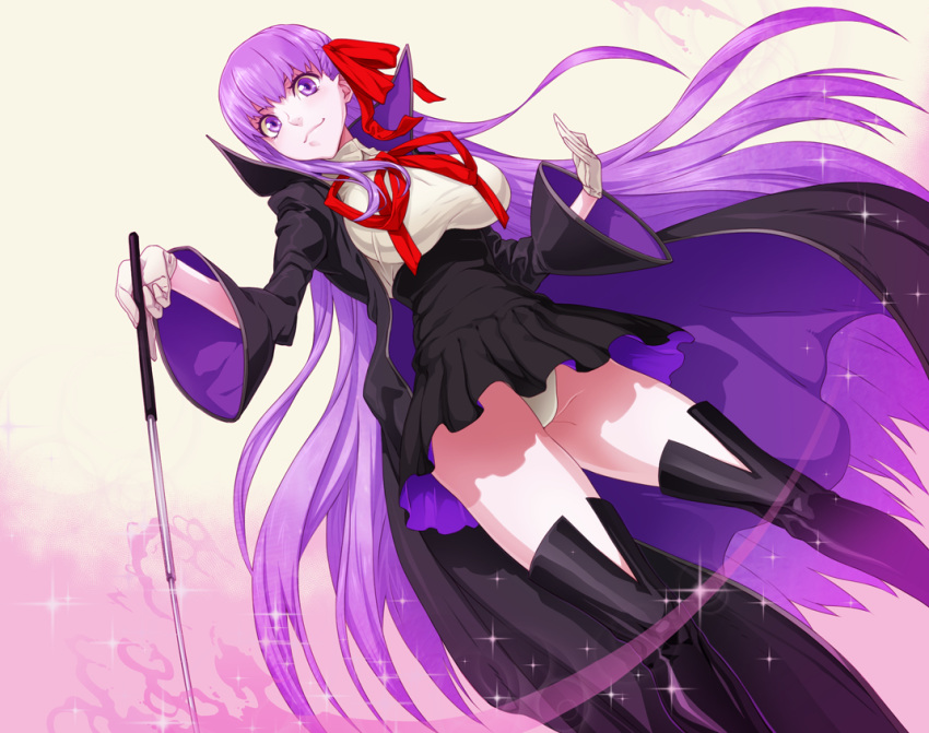 1girl bb_(fate/extra_ccc) black_legwear breasts fate/extra fate/extra_ccc fate_(series) gloves long_hair purple_hair robe sami_(object_dump) smile solo thigh-highs very_long_hair violet_eyes white_gloves
