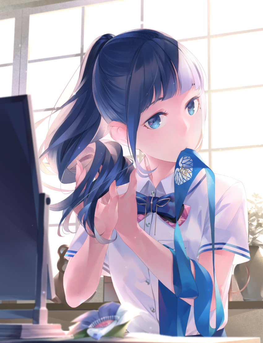 1girl aoi_ch. bangs black_hair blue_eyes blunt_bangs blurry blush bow commentary_request depth_of_field fuji_aoi highres long_hair mole mole_under_eye mouth_hold ponytail school_uniform solo sousou_(sousouworks) tying_hair virtual_youtuber window