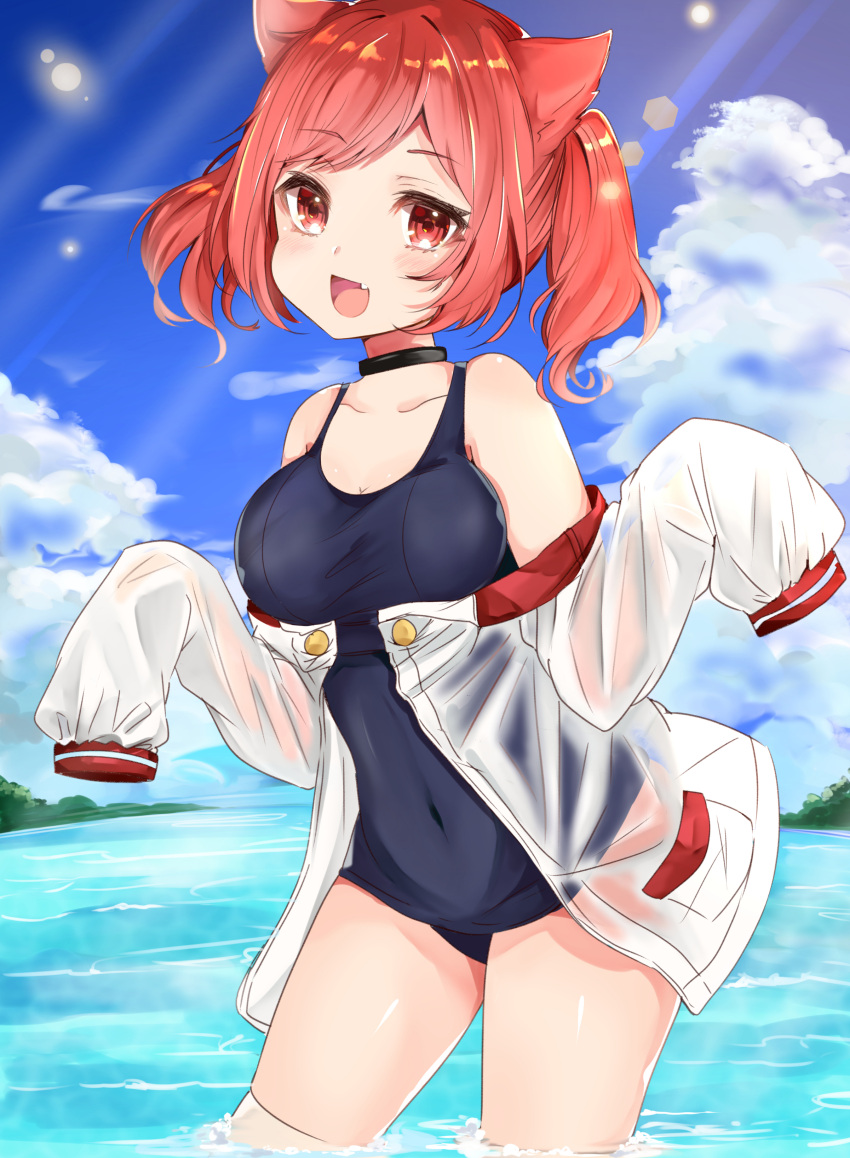 1girl :d absurdres animal_ears azur_lane bangs bare_shoulders blush breasts cat_ears cat_tail collar covered_navel day highres i-19_(azur_lane) katsushika_pachi long_sleeves looking_at_viewer medium_breasts ocean open_mouth outdoors redhead school_swimsuit see-through short_hair short_twintails sky sleeves_past_fingers smile solo swept_bangs swimsuit tail thigh-highs twintails wading wet wet_clothes white_legwear