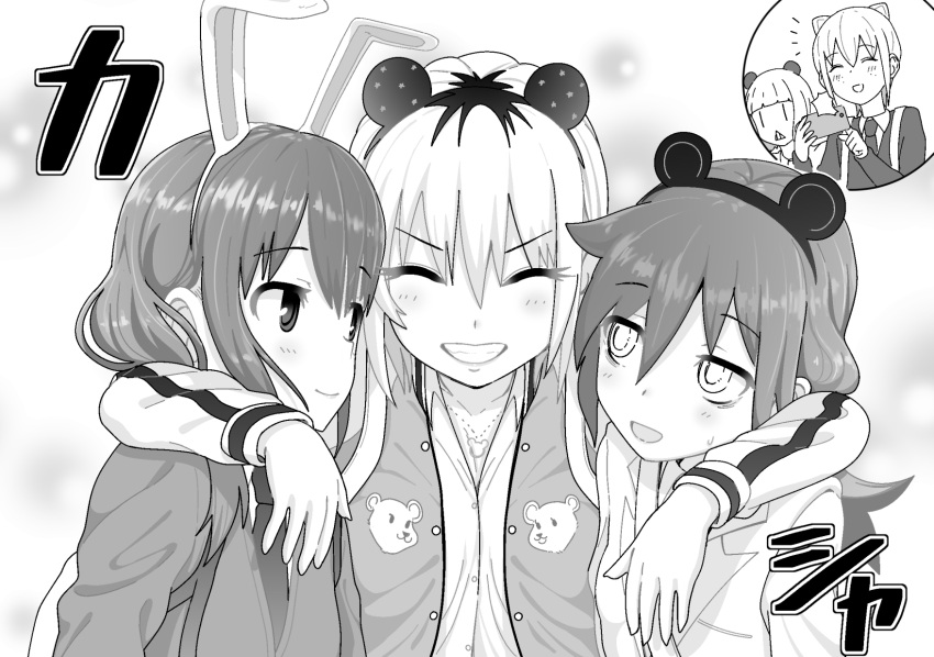 5girls :d ^_^ animal_ears arm_around_shoulder bags_under_eyes cellphone character_print closed_eyes commentary_request fake_animal_ears freckles girl_sandwich grin hairband highres kuroki_tomoko monochrome mouse_ears multiple_girls necktie onomatopoeia open_mouth phone rabbit_ears sandwiched satou_takumi school_uniform smartphone smile sweatdrop sweater taking_picture tamura_yuri tanaka_mako uchi_emiri watashi_ga_motenai_no_wa_dou_kangaetemo_omaera_ga_warui! yoshida_masaki