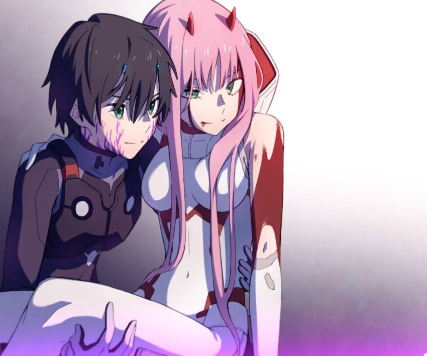 1boy 1girl bangs black_bodysuit black_hair blood blood_from_mouth blood_on_face blue_horns bodysuit breasts carrying commentary_request couple darling_in_the_franxx facial_scar gloves green_eyes hand_on_another's_leg hand_on_another's_waist hetero hiro_(darling_in_the_franxx) horns leje39 long_hair medium_breasts oni_horns pilot_suit pink_hair princess_carry red_horns scar short_hair torn_bodysuit torn_clothes white_bodysuit white_gloves zero_two_(darling_in_the_franxx)