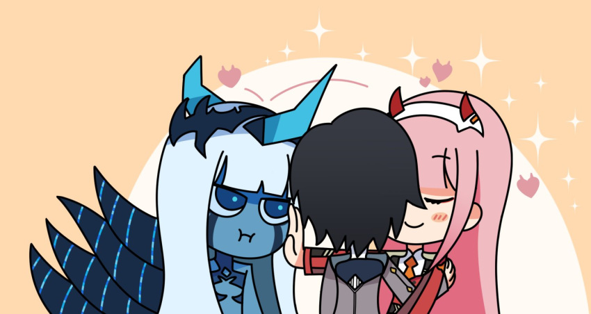 001_(darling_in_the_franxx) 1boy 1koma 2girls :t bangs black_hair blue_eyes blue_horns blue_skin blush_stickers closed_eyes comic commentary commentary_request couple darling_in_the_franxx facial_scar hair_ornament hairband hand_on_another's_face hand_on_another's_shoulder heart heater hetero hiro_(darling_in_the_franxx) horns hug light_blue_hair long_hair long_sleeves military military_uniform multiple_girls necktie oni_horns orange_neckwear pink_hair red_horns scar short_hair spoilers tentacle uniform user_cvct8874 white_hairband zero_two_(darling_in_the_franxx)
