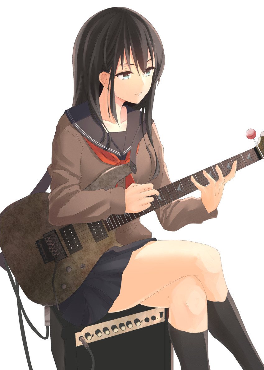 1girl bangs black_hair black_legwear black_skirt brown_shirt bukkira_(roy028june) green_eyes guitar hair_between_eyes highres holding holding_instrument instrument kneehighs legs_crossed long_hair miniskirt neckerchief original pleated_skirt red_neckwear school_uniform serafuku shirt simple_background sitting skirt solo uniform white_background