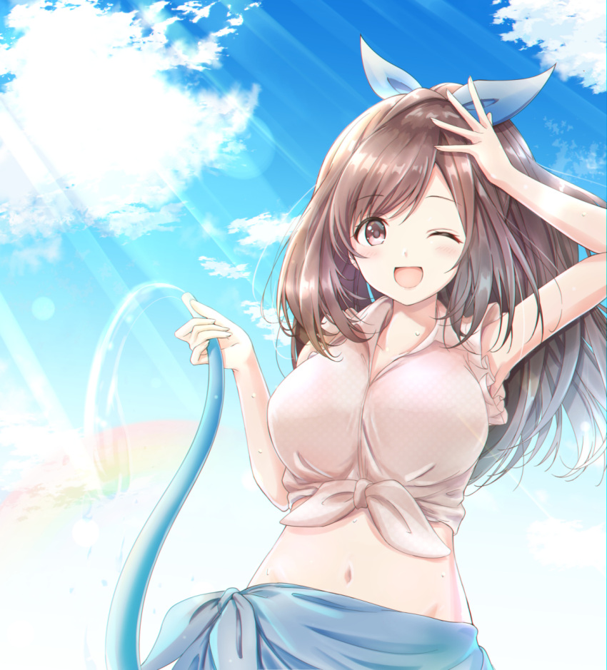 1girl ;d akisaka_yamoka blue_bow blue_skirt blue_sky bow breasts brown_eyes brown_hair eyebrows_visible_through_hair hair_bow hand_over_face highres holding_hose hose idolmaster idolmaster_shiny_colors large_breasts looking_at_viewer midriff navel one_eye_closed open_mouth outdoors pink_shirt shirt skirt sky smile solo tied_shirt tsukioka_kogane water