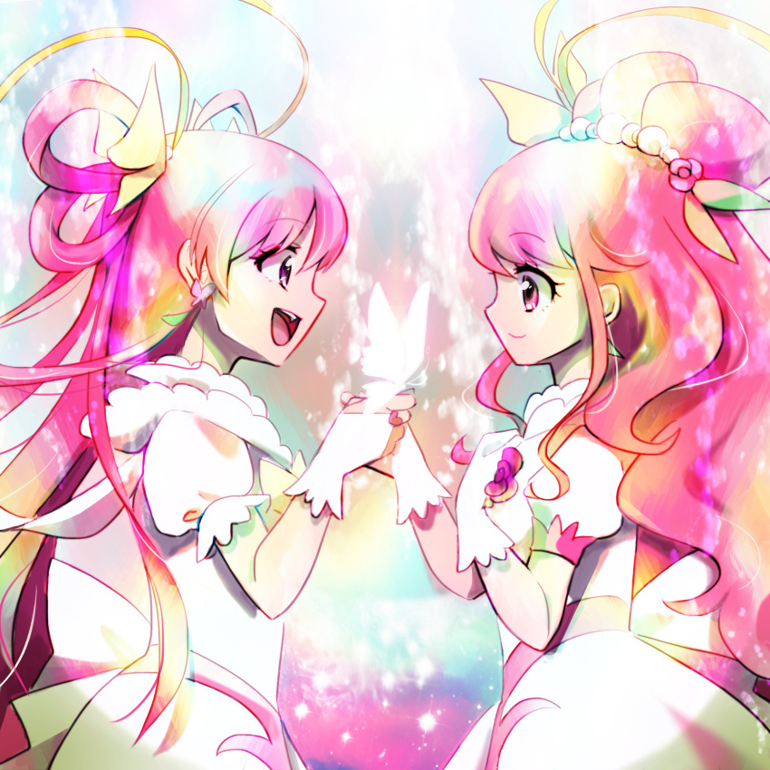 2girls back_bow bow bug butterfly butterfly_earrings closed_mouth coat cure_dream cure_grace dream_cure_grace earrings eye_contact from_side gloves hair_bun hair_ornament hair_rings hanadera_nodoka healin'_good_precure healin'_good_precure:_yume_no_machi_de_kyun!_tto_gogo!_daihenshin!! highres holding_hands jewelry long_hair looking_at_another magical_girl multicolored_background multiple_girls nekoko_(nekonekonya) open_mouth pink_eyes pink_hair precure profile smile sparkle upper_body white_bow white_coat white_gloves yes!_precure_5 yes!_precure_5_gogo! yumehara_nozomi