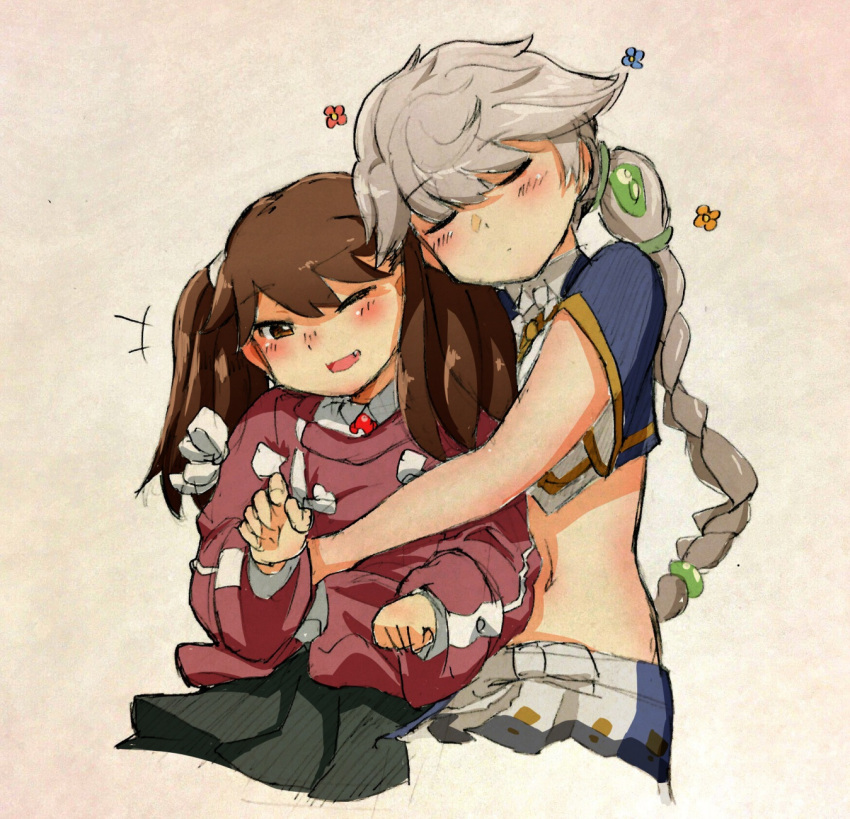 +++ 2girls :d blush braid brown_eyes brown_hair closed_eyes commentary_request fang flower grey_hair highres hug japanese_clothes kantai_collection kariginu long_hair long_sleeves multiple_girls namakura_neo navel one_eye_closed open_mouth ryuujou_(kantai_collection) sketch smile stomach twintails unryuu_(kantai_collection)