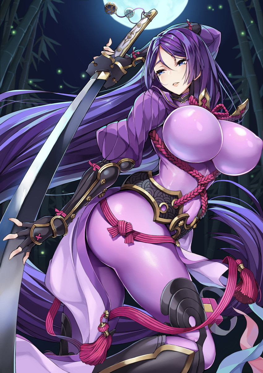 1girl absurdres arm_guards armor ass bamboo bamboo_forest bangs black_gloves blue_eyes blush bodysuit breasts choker fate/grand_order fate_(series) fingerless_gloves fireflies forest gloves highres hips huge_breasts japanese_armor ji_dan katana long_hair low-tied_long_hair minamoto_no_raikou_(fate/grand_order) moon nature night night_sky parted_bangs parted_lips pelvic_curtain purple_bodysuit purple_hair ribbed_sleeves rope sky smile solo suneate sword thighs very_long_hair waist weapon