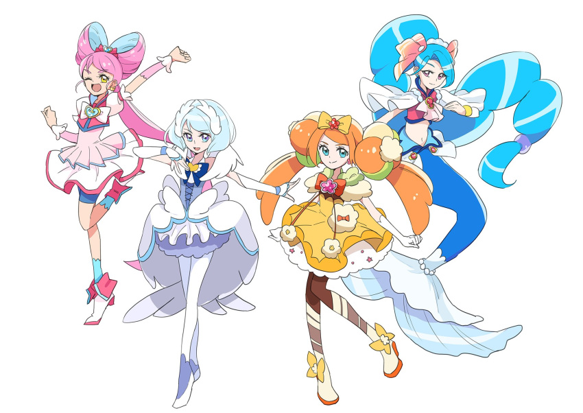 4girls ;d arm_up bike_shorts blue_eyes blue_hair blue_legwear blue_shorts boots bow buntatta crop_top dress fingerless_gloves frilled_dress frills full_body gen_5_pokemon gen_6_pokemon gloves hair_bow hairband hand_on_own_chest high_ponytail highres magical_girl mermaid midriff monster_girl multiple_girls navel one_eye_closed open_mouth orange_hair original personification pink_eyes pink_hair pokemon pom_pom_(clothes) ponytail precure primarina puffy_short_sleeves puffy_sleeves short_sleeves shorts shorts_under_dress simple_background sleeveless sleeveless_dress smile socks standing standing_on_one_leg swanna sylveon twintails whimsicott white_background white_gloves yellow_dress yellow_eyes