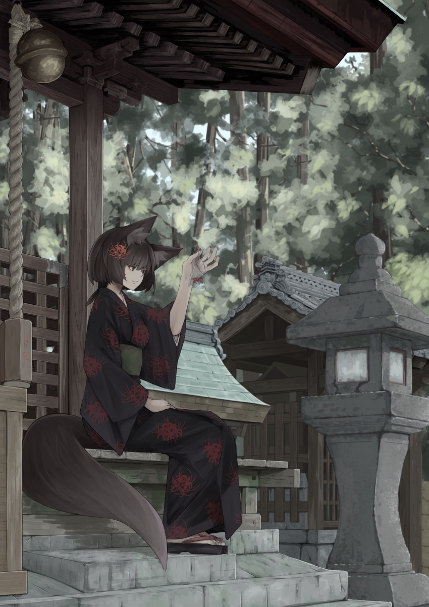 1girl absurdres animal_ears bangs be_(bbbbbbbbbe434) bell blue_sky brown_eyes brown_hair closed_mouth commentary_request day fish floral_print forest fox_ears fox_tail highres japanese_clothes kimono nature obi original outdoors sandals sash short_hair sitting sitting_on_object sky tail temple