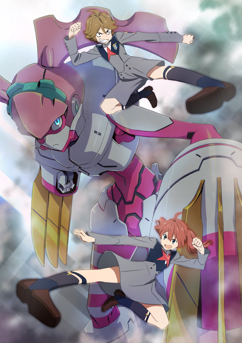 1boy 2girls :d ahoge argentea_(darling_in_the_franxx) blue_eyes blue_legwear brown_footwear brown_hair clenched_teeth darling_in_the_franxx grey_jacket grey_shorts highres jacket kicking light_brown_hair long_sleeves mecha miku_(darling_in_the_franxx) multiple_girls open_mouth pink_x shoes shorts smile socks teeth twintails zorome_(darling_in_the_franxx)