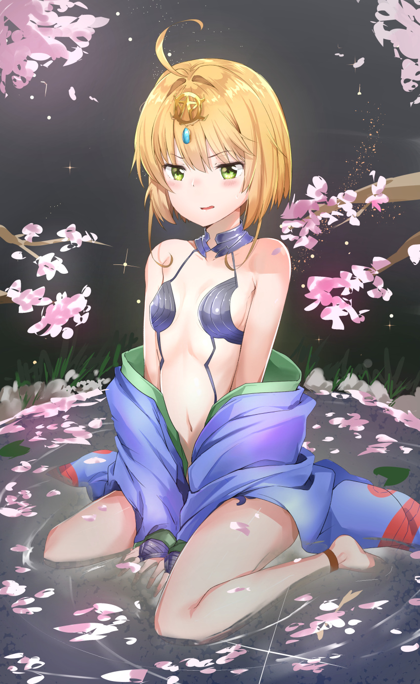 1girl absurdres ahoge bangs bare_shoulders blonde_hair blush breasts card_captor_sakura cosplay eyebrows_visible_through_hair fate/grand_order fate_(series) forehead_jewel green_eyes hair_intakes highres japanese_clothes kimono kinomoto_sakura navel off_shoulder open_mouth petals pond purple_kimono revealing_clothes short_hair shuten_douji_(fate/grand_order) shuten_douji_(fate/grand_order)_(cosplay) sitting small_breasts solo sunhyun v_arms wariza water