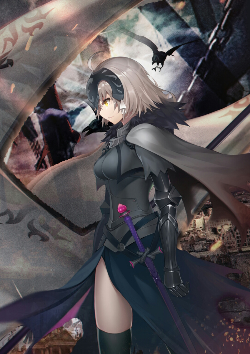 1girl ahoge banner bird black_dress black_legwear breasts breasts_apart chains dress fate/grand_order fate_(series) from_side gauntlets highres jeanne_d'arc_(alter)_(fate) jeanne_d'arc_(fate)_(all) looking_down medium_breasts outdoors red_dress sheath sheathed short_hair silver_hair solo standing thigh-highs xie_wang yellow_eyes