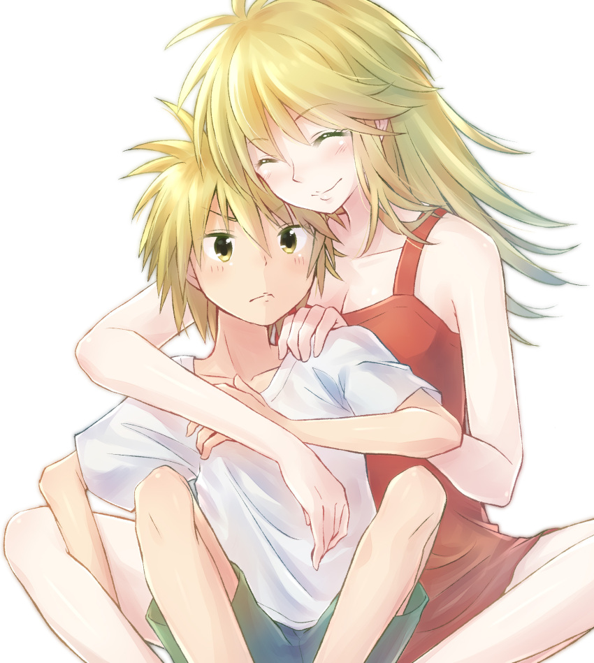 1boy 1girl blonde_hair blush breasts child cleavage closed_eyes green_shorts highres hug ichinose_kai ichinose_reiko long_hair looking_at_viewer medium_breasts mother_and_son nyaa_(nnekoron) piano_no_mori shirt shorts sitting smile t-shirt white_background white_shirt