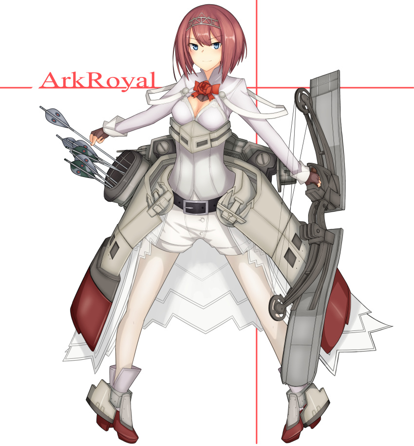 1girl absurdres ark_royal_(kantai_collection) bangs blue_eyes blunt_bangs bob_cut cannon cleavage_cutout commentary_request composite_bow corset eyebrows_visible_through_hair fingerless_gloves flight_deck full_body gloves hair_between_eyes hairband highres hull_shoes jacket kantai_collection long_sleeves looking_at_viewer machinery overskirt pantyhose platform_footwear quiver red_ribbon redhead ribbon shoes short_hair shorts smile solo swordfish_(airplane) tiara tsurime turret white_corset white_legwear white_shorts yuubokumin