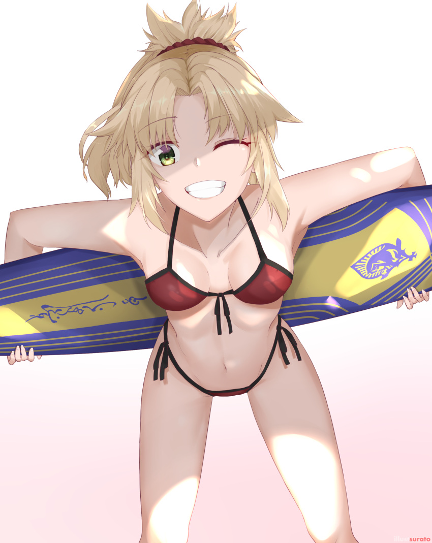 1girl absurdres bikini blonde_hair fate/apocrypha fate/grand_order fate_(series) green_eyes highres leaning_forward mordred_(fate)_(all) mordred_(swimsuit_rider)_(fate) one_eye_closed smile surato surfboard swimsuit teeth updo wink