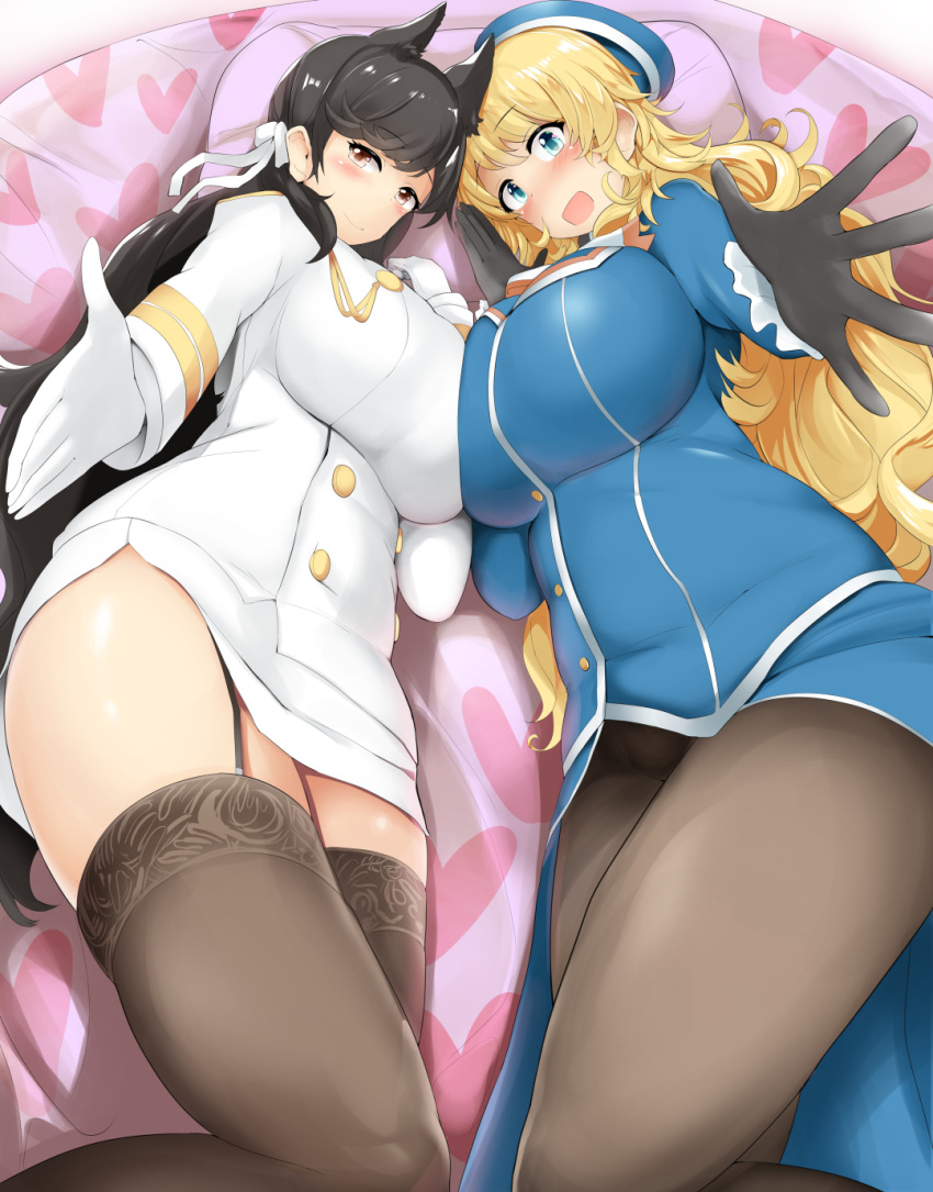 2girls atago_(azur_lane) atago_(kantai_collection) azur_lane bed black_hair blonde_hair blue_eyes blush breast_press breasts brown_eyes closed_mouth commentary_request garter_straps gloves heart highres huge_breasts kantai_collection long_hair looking_at_viewer lying military military_uniform miniskirt mizuyan multiple_girls on_bed on_side open_mouth pencil_skirt skirt smile symmetrical_docking thigh-highs thighs uniform