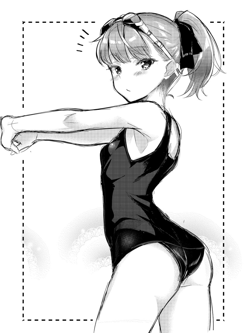 1girl absurdres ass commentary_request dotted_line fate/grand_order fate_(series) goggles goggles_on_head hair_ribbon helena_blavatsky_(fate/grand_order) helena_blavatsky_(swimsuit_archer)_(fate) highres monochrome nishimi_shin old_school_swimsuit ponytail ribbon school_swimsuit solo stretch swimsuit