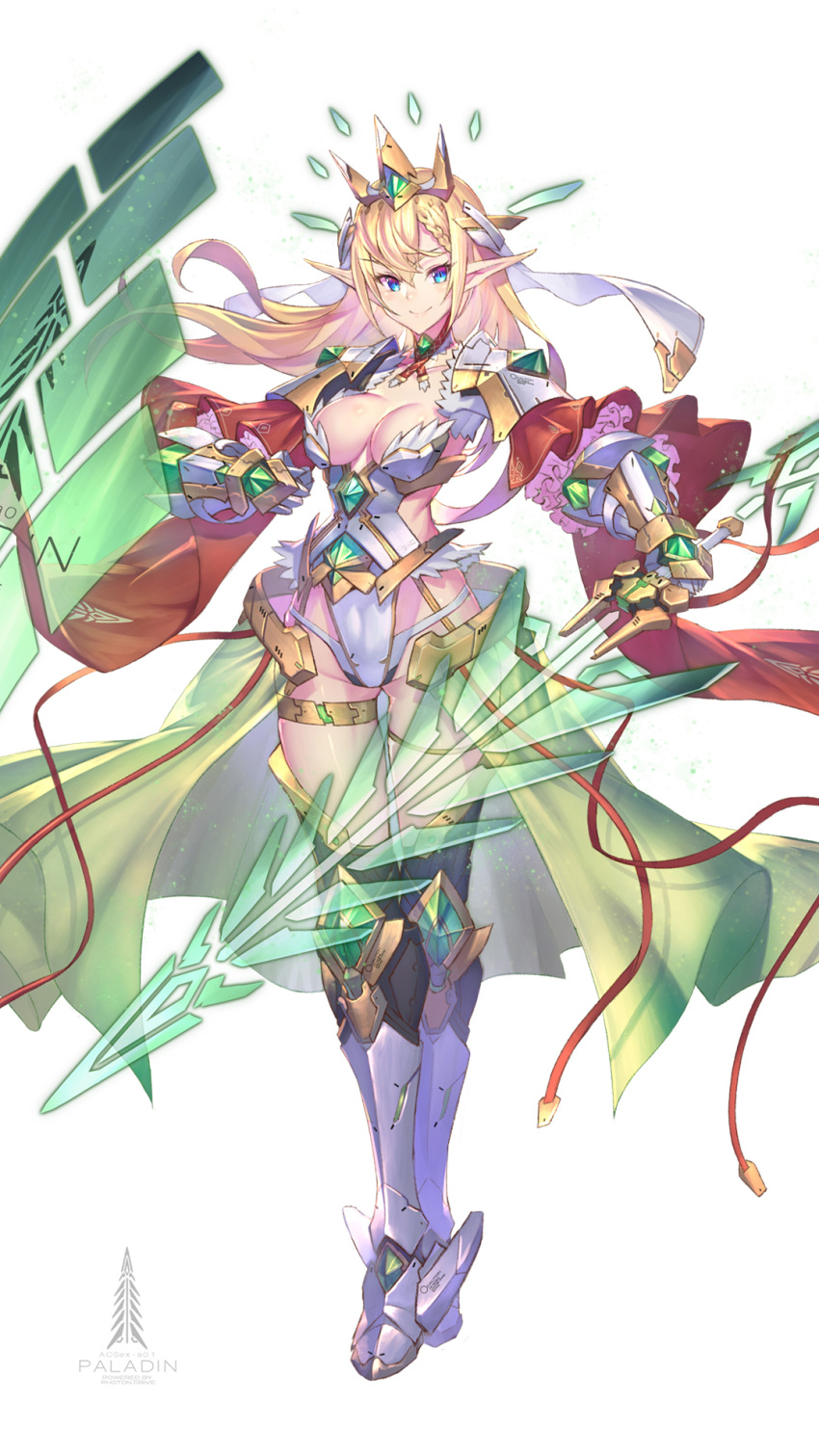 1girl armored_boots blue_eyes boots breasts cape cleavage commentary_request detached_collar elf energy_shield energy_sword english floating floating_object frills gauntlets gem heterochromia highleg highleg_leotard highres holding holding_sword holding_weapon leotard long_hair long_sleeves looking_at_viewer mecha_musume medium_breasts nadare-san_(nadare3nwm) original pauldrons pointy_ears red_cape shield showgirl_skirt side_cutout simple_background skindentation smile solo sword text_focus thigh_gap tiara transparent_skirt veil violet_eyes weapon white_background