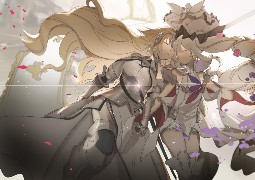2girls armor bangs bare_shoulders boots closed_eyes dress facing_another fate/grand_order fate_(series) flag flower gauntlets gleam hair_flower hair_ornament hand_holding headpiece jeanne_d'arc_(fate) jeanne_d'arc_(fate)_(all) large_hat long_hair marie_antoinette_(fate/grand_order) multiple_girls no-kan pink_flower pink_rose rose smile sword thigh-highs thigh_boots twintails very_long_hair weapon white_dress yuri