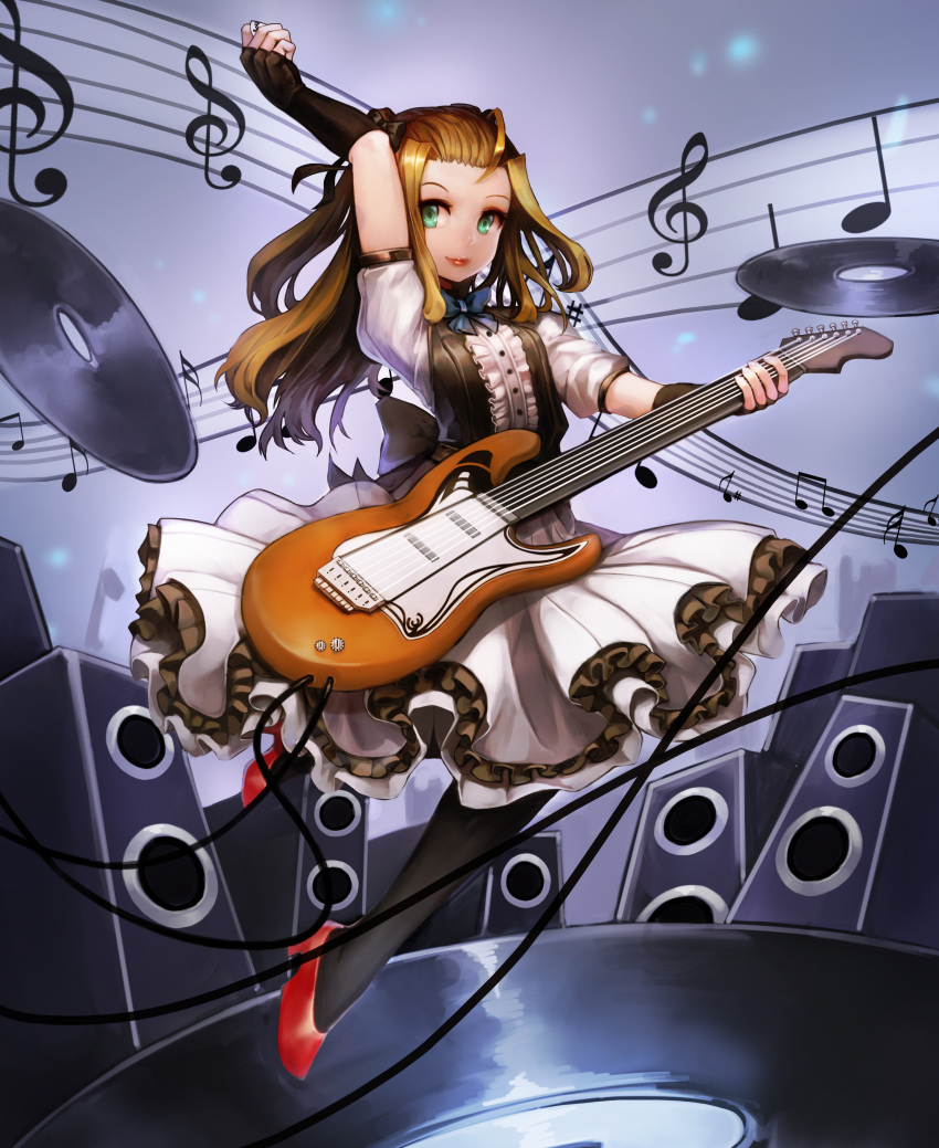 1girl absurdres amplifier beamed_eighth_notes breasts brown_hair dress eighth_note electric_guitar fingerless_gloves full_body gloves green_eyes guitar high_heels highres instrument kibellin long_hair looking_at_viewer musical_note open_mouth original plectrum smile solo