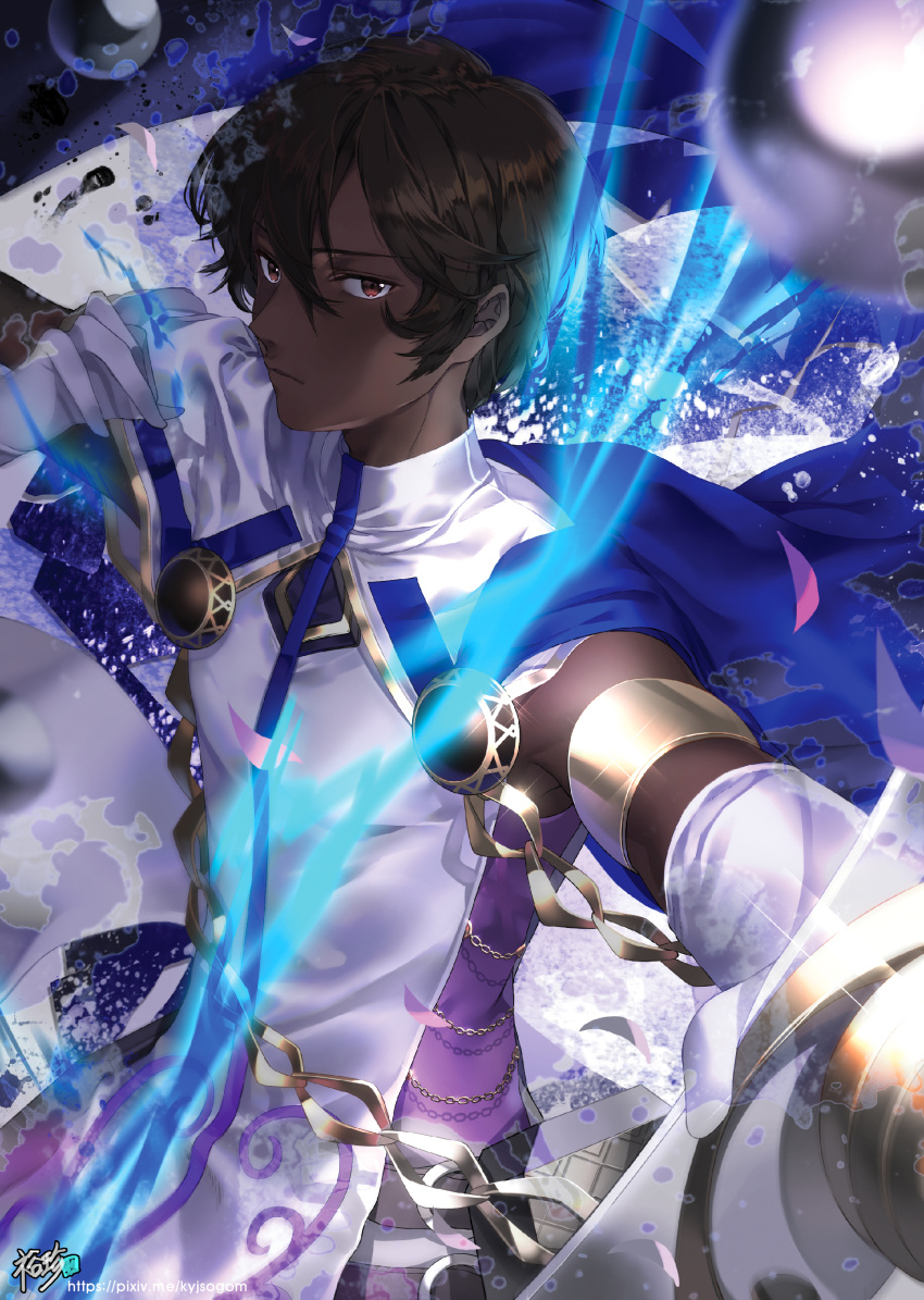 1boy absurdres arjuna_(fate/grand_order) bow_(weapon) brown_eyes brown_hair closed_mouth commentary_request dark_skin dark_skinned_male fate/grand_order fate_(series) highres kyjsogom looking_at_viewer male_focus solo tagme weapon