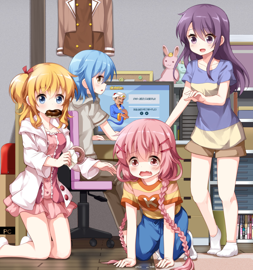 4girls akinator akinator_(site) blonde_hair blue_eyes blue_hair braid chair collarbone comic_girls commentary_request computer doughnut fang food food_in_mouth hair_ornament hair_ribbon hairclip highres indoors irokawa_ruki katsuki_tsubasa koizuka_koyume long_hair moeta_kaoruko multiple_girls office_chair pink_eyes pink_hair purple_hair red_ribbon ribbon ruu_(tksymkw) shirt short_hair side_ponytail socks stuffed_animal stuffed_bunny stuffed_toy t-shirt twin_braids violet_eyes wavy_eyes wavy_mouth white_legwear x_hair_ornament yellow_eyes