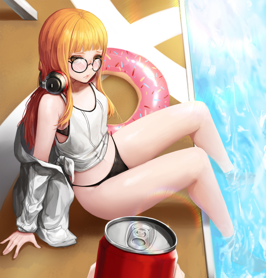 1girl bikini brown_hair glasses headphones highres innertube jacket kibellin long_hair looking_at_viewer orange_hair persona persona_5 pool poolside sakura_futaba solo swimsuit water