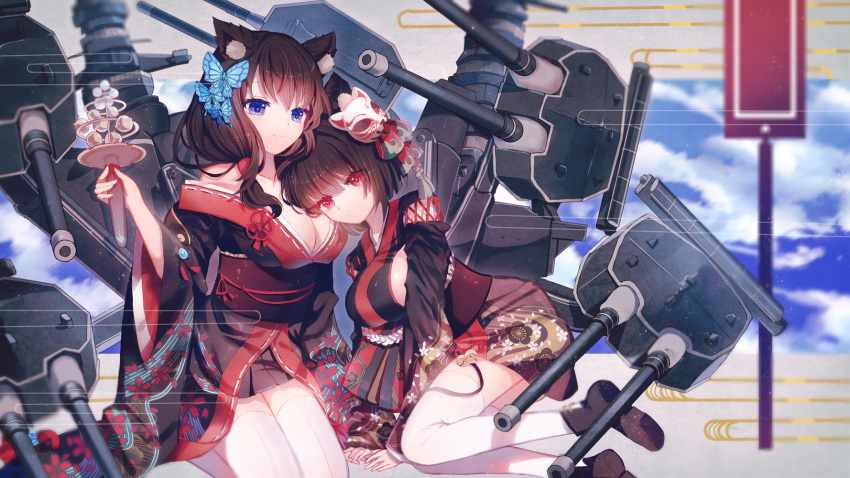 animal_ears azur_lane bangs black_hair black_kimono blue_eyes blunt_bangs blush breasts butterfly_hair_ornament cat_ears cat_mask commentary_request eyebrows_visible_through_hair full_body fusou_(azur_lane) hair_ornament highres japanese_clothes kimono large_breasts long_hair long_sleeves looking_at_viewer mask mask_on_head multiple_girls red_eyes short_hair smile thigh-highs white_legwear wide_sleeves yamashiro_(azur_lane) yasato