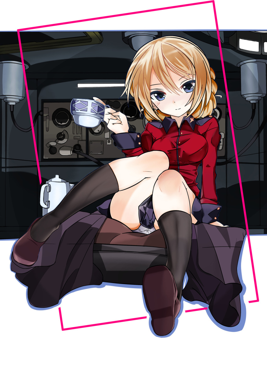 1girl alternate_footwear arm_support bangs black_footwear black_legwear black_skirt blonde_hair blue_eyes border braid closed_mouth commentary crotch_seam cup darjeeling english_commentary epaulettes full_body girls_und_panzer highres holding holding_cup jacket light_smile long_sleeves looking_at_viewer military military_uniform miniskirt panties pantyshot pantyshot_(sitting) pleated_skirt red_border red_jacket sapusakti seat shoes short_hair sitting skirt socks solo st._gloriana's_military_uniform tank_interior teacup teapot tied_hair twin_braids underwear uniform white_panties