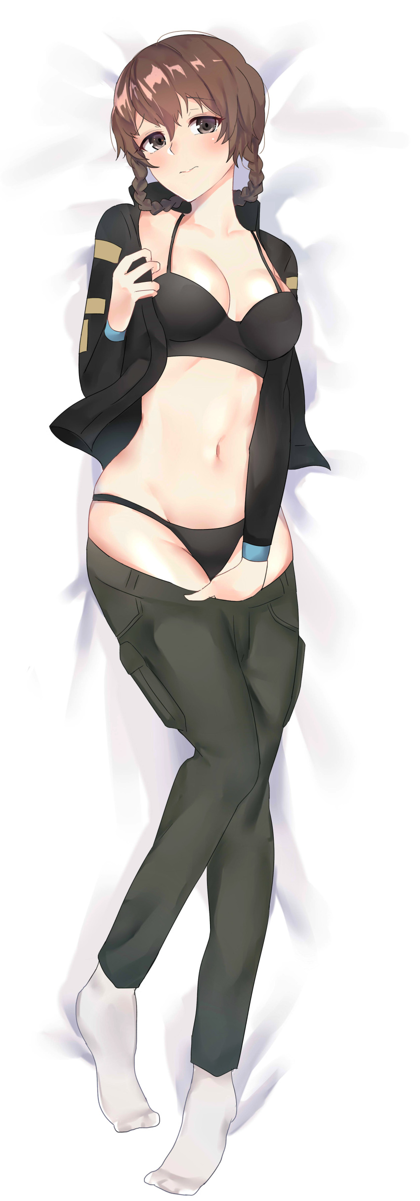 1girl absurdres amane_suzuha ardi_rayhan black_bra black_eyes black_panties blush bra braid breasts brown_hair cleavage dakimakura embarrassed groin hair_between_eyes highres looking_at_viewer lying medium_breasts midriff navel on_back open_clothes open_shirt panties pants pants_pull short_hair socks solo steins;gate steins;gate_0 twin_braids underwear