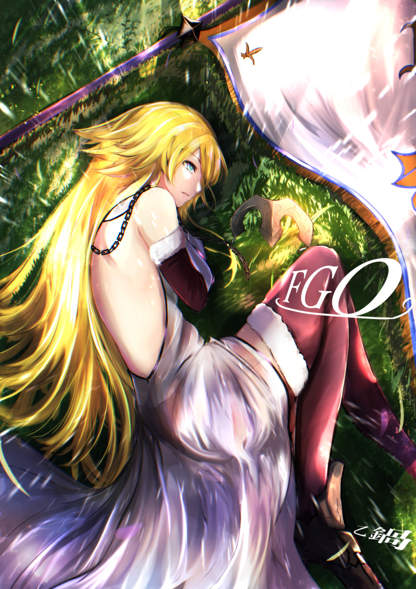 1girl armor armored_boots armored_dress backless_outfit bangs blonde_hair blue_eyes boots breasts chains commentary detached_sleeves dress eyebrows_visible_through_hair fate/apocrypha fate/grand_order fate_(series) fetal_position field flag from_above fur_trim grass headpiece headpiece_removed highres jeanne_d'arc_(fate) jeanne_d'arc_(fate)_(all) large_breasts long_hair lying on_side otsunabe_(naabe_delta) parted_lips profile standard_bearer swept_bangs thigh-highs very_long_hair white_dress